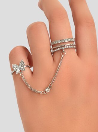 Personality Rhinestone Silver Butterfly Double Fingers Ring with Chain Ear Cuff
